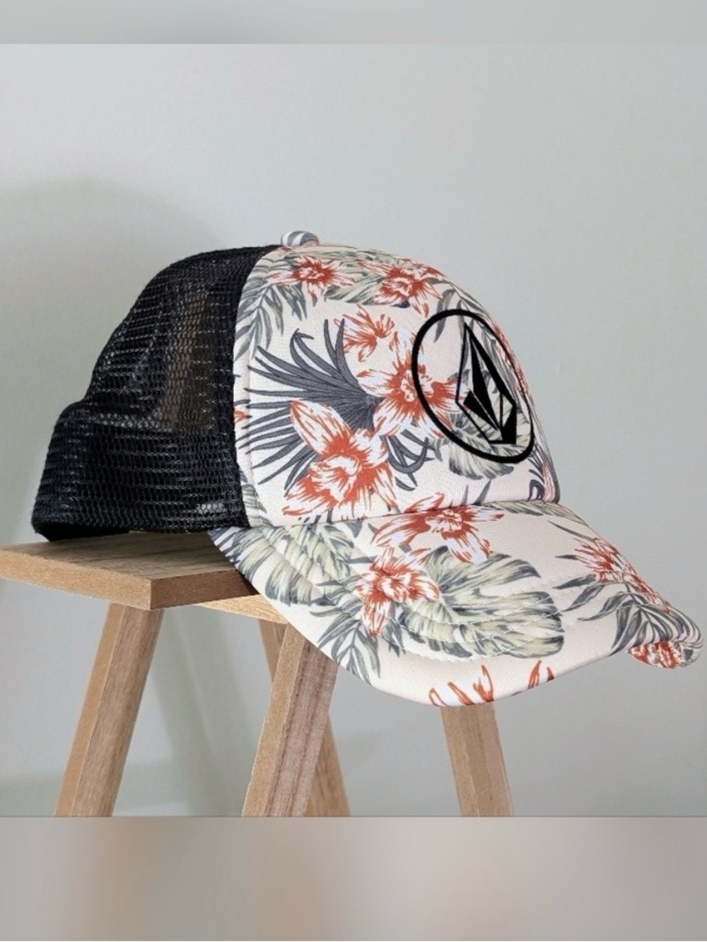 Volcom Floral Trucker Hat in Cream, Black, Coral